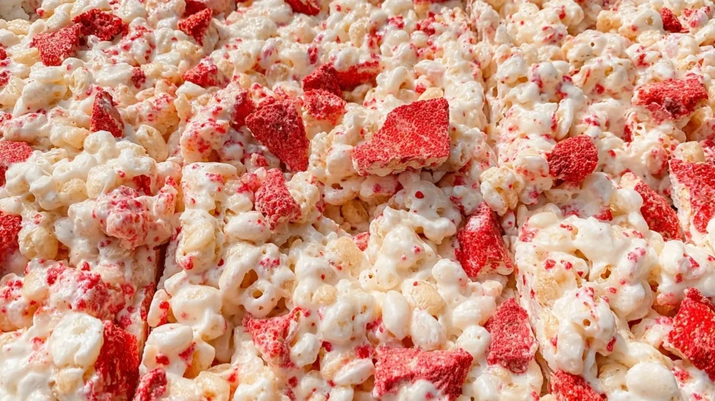 Close-up of strawberry Rice Krispies bars with chunks of freeze-dried strawberries and gooey marshmallows