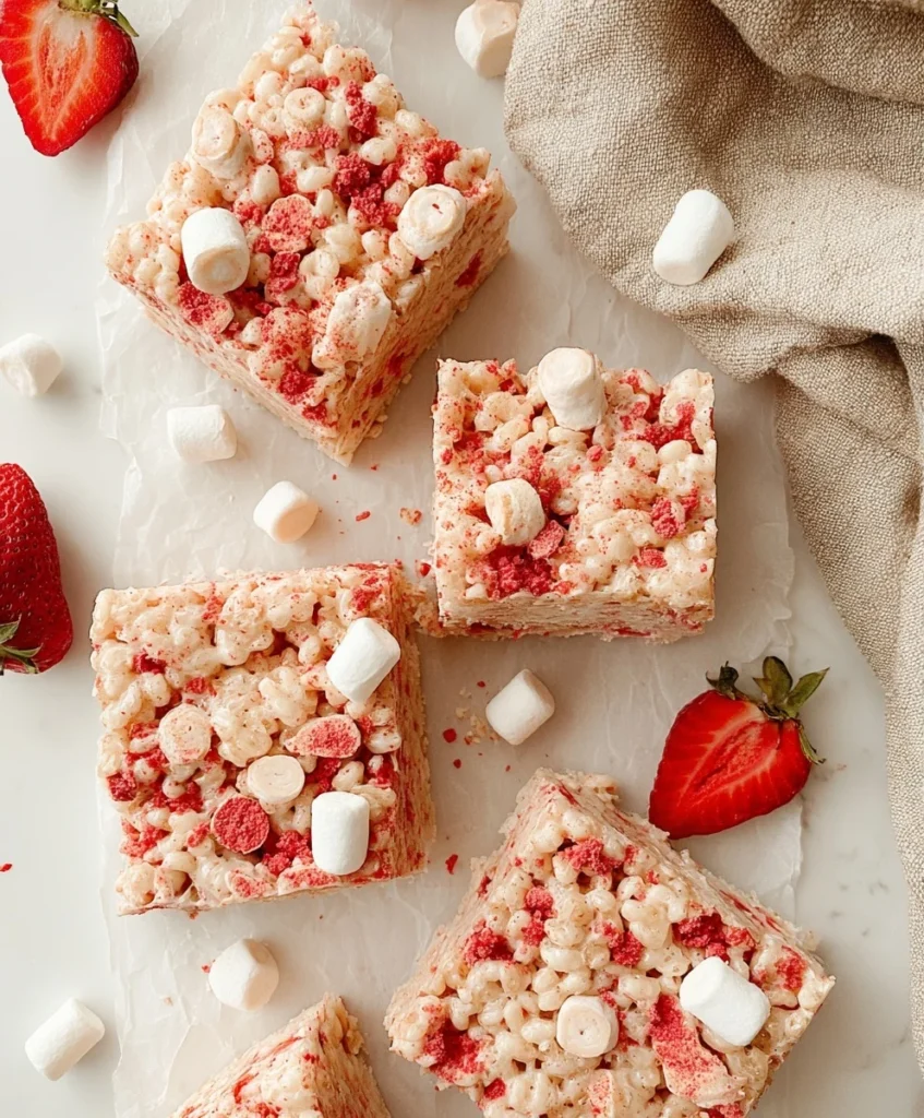 Strawberry Rice Krispies squares topped with marshmallows and strawberries, styled on parchment with fresh strawberries