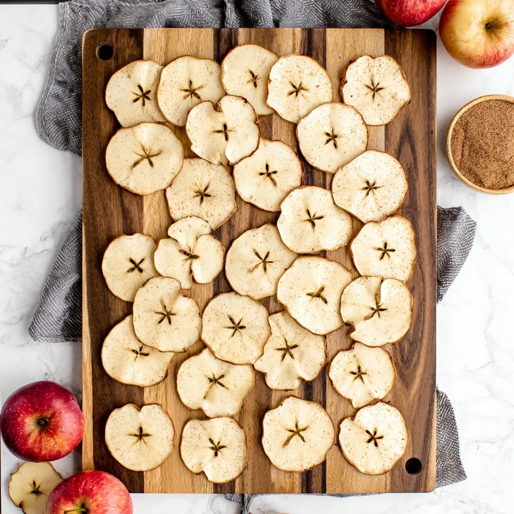 Thin apple slices arranged on a wooden cutting board before air frying