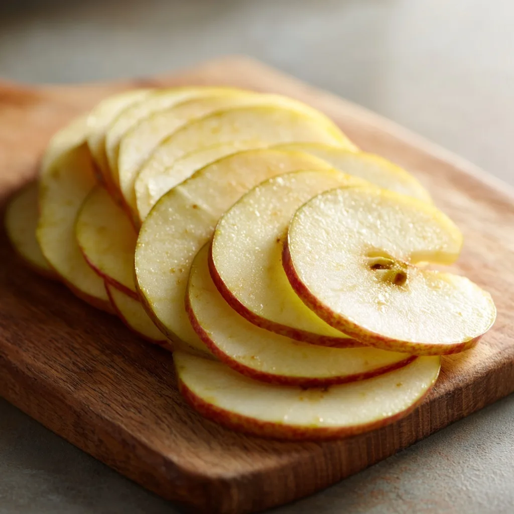 Thin apple slices arranged on a wooden cutting board, prepared for making air fryer apple chips.