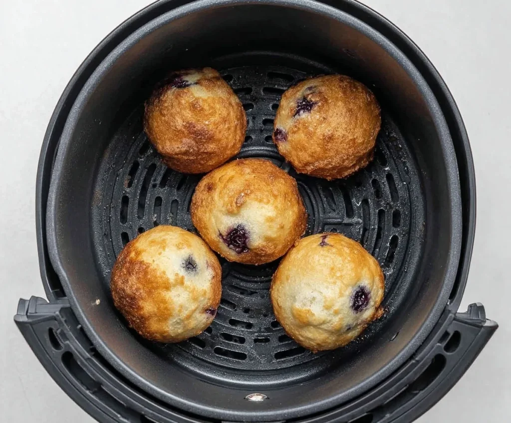 Golden brown blueberry dessert bites freshly cooked in an air fryer basket.