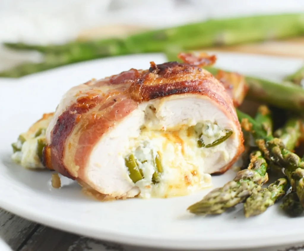 Air fryer jalapeño popper chicken wrapped in bacon and stuffed with creamy cheese and jalapeños, served with roasted asparagus on a white plate