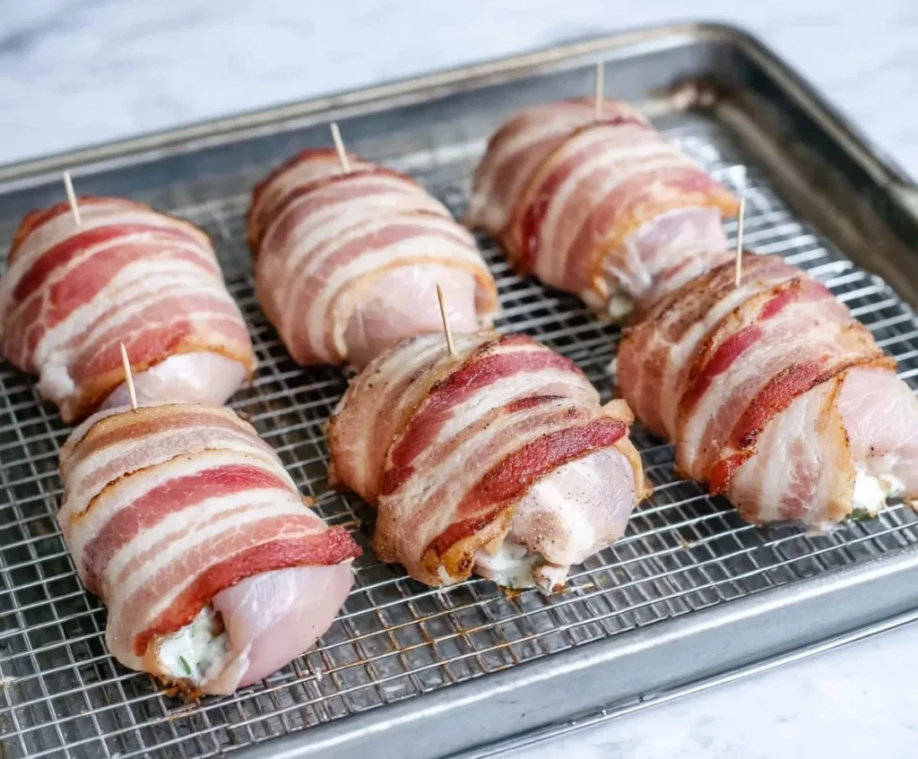 Uncooked bacon wrapped chicken breasts stuffed with jalapeño cream cheese filling arranged on a baking rack with toothpicks