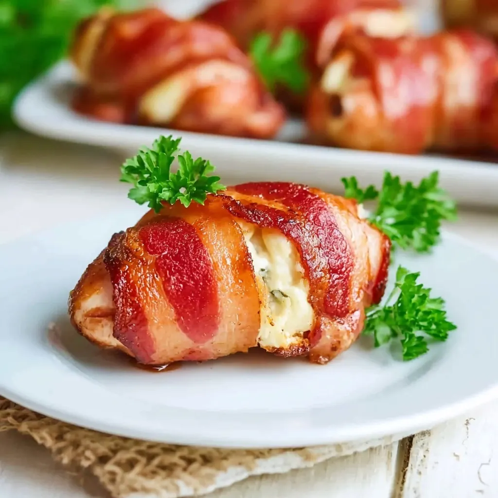 Bacon wrapped jalapeño popper chicken stuffed with cheese served on a white plate with fresh parsley garnish
