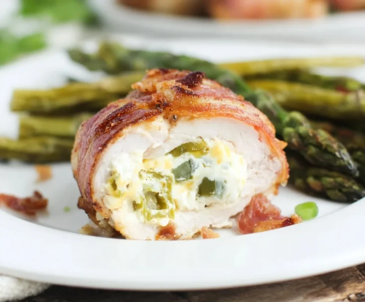 Bacon wrapped jalapeño popper chicken sliced open showing creamy cheese and jalapeño filling served with roasted asparagus on a white plate