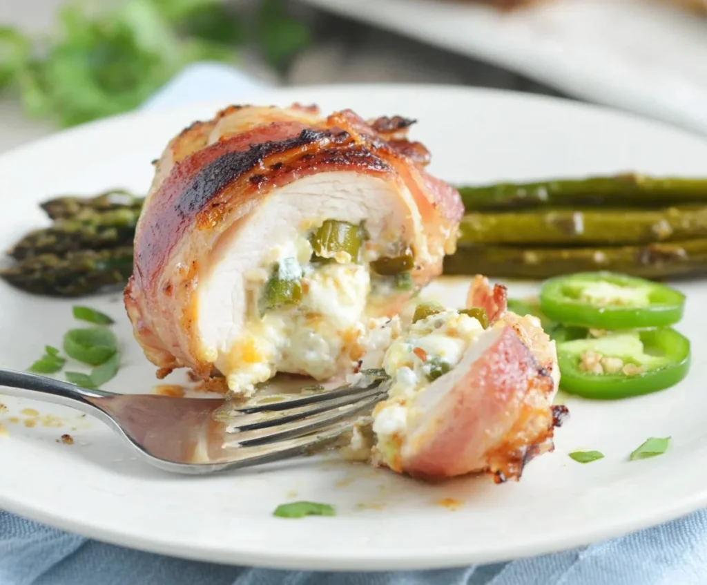 Bacon wrapped jalapeño popper chicken sliced open with creamy cheese and jalapeño filling, served with asparagus and fresh jalapeño slices on a plate