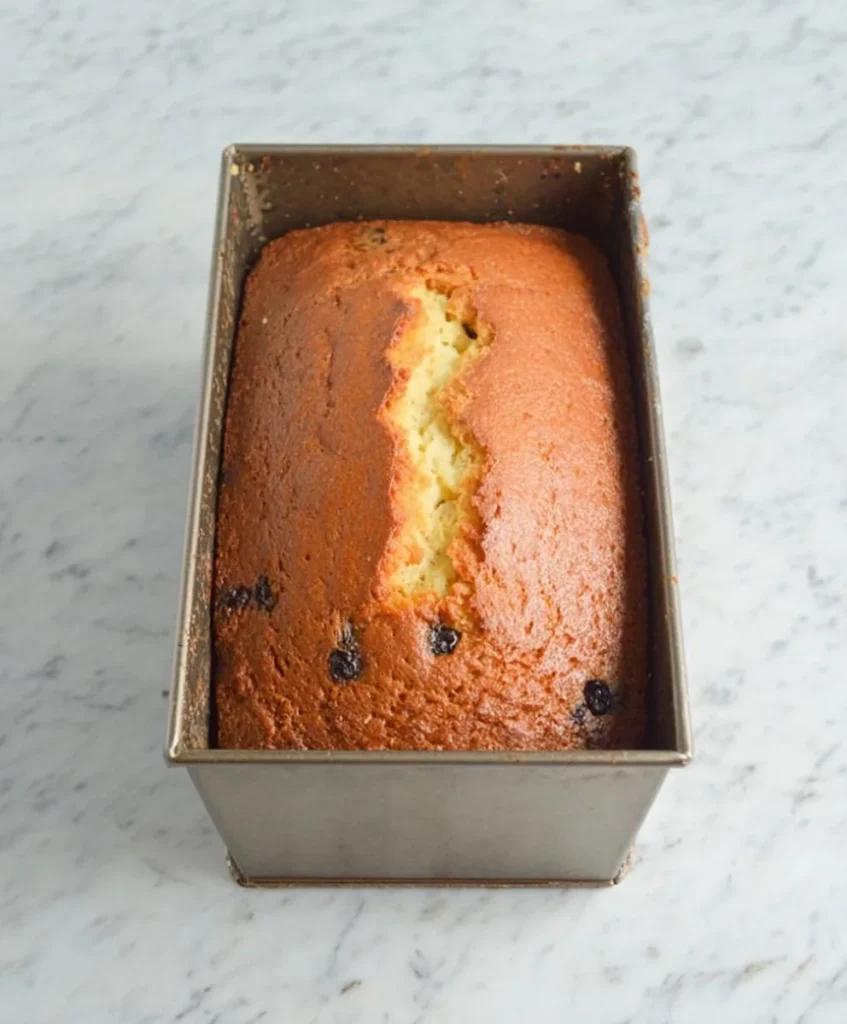 Golden baked blueberry lemon pound cake cooling in a loaf pan on a marble surface.