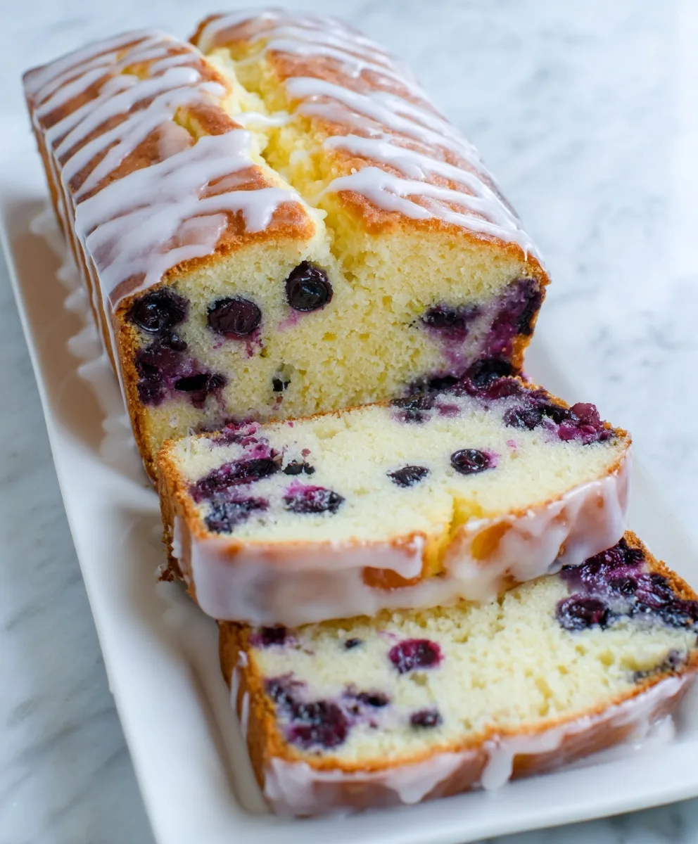 Moist blueberry lemon pound cake topped with sweet lemon glaze and sliced to show juicy blueberries inside.