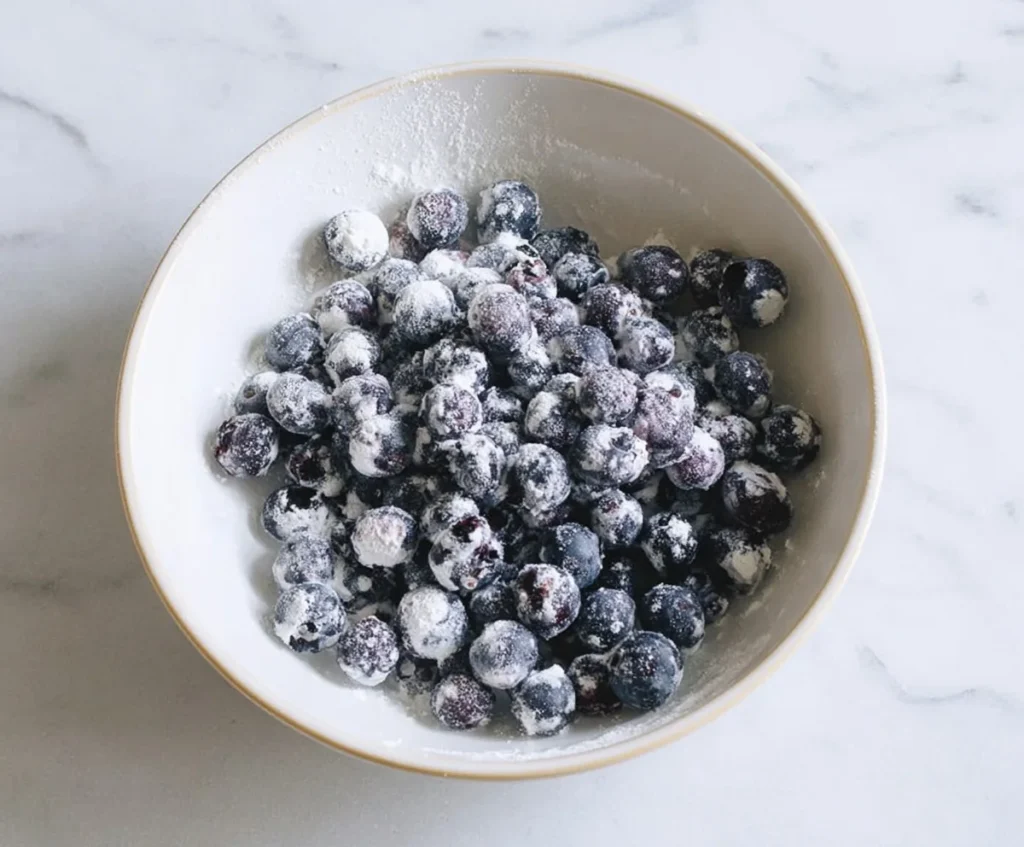Fresh blueberries coated in flour in a white bowl to prevent sinking in blueberry lemon pound cake batter.