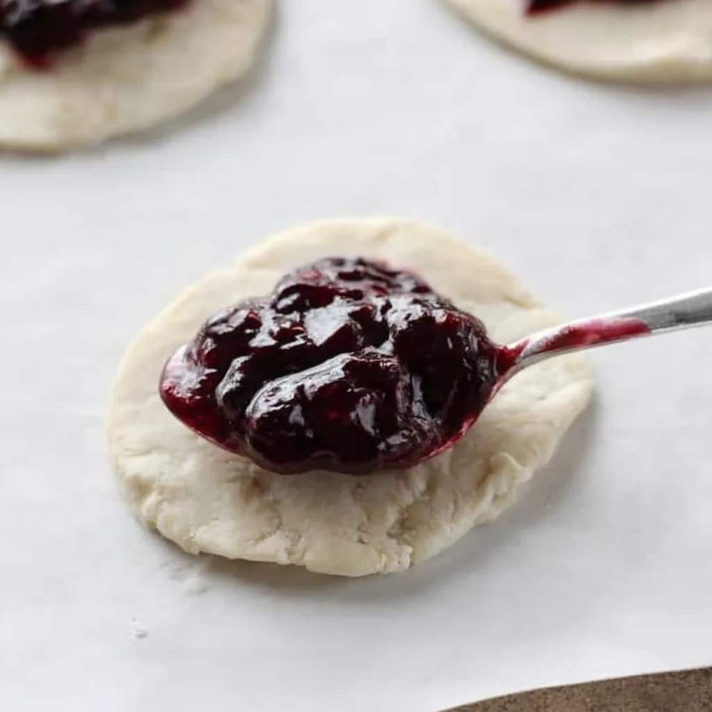 Close-up of biscuit dough topped with blueberry pie filling before baking.