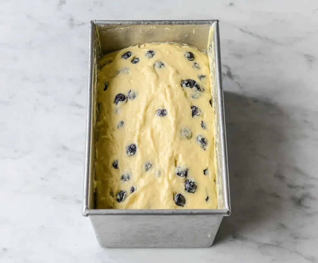 Blueberry lemon pound cake batter in a loaf pan ready to bake on a marble surface.