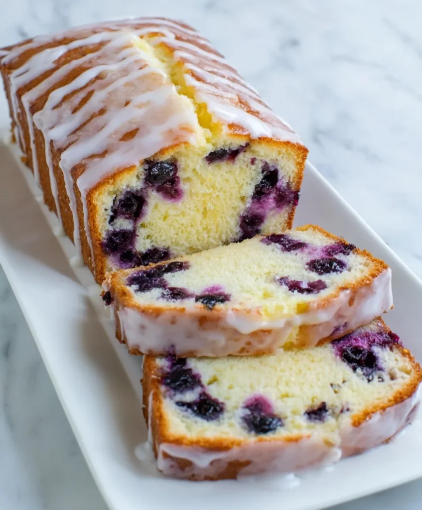 Sliced blueberry lemon pound cake topped with lemon glaze on a white plate.