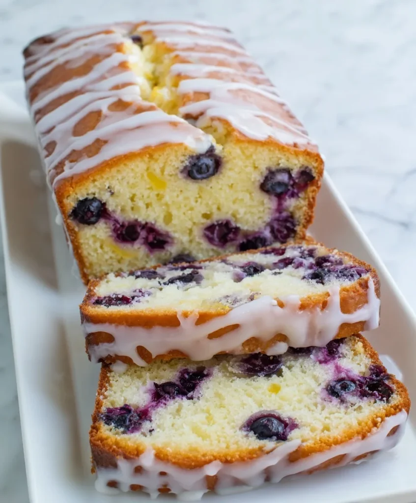 Blueberry lemon pound cake topped with glaze and sliced to show moist crumb and baked blueberries.