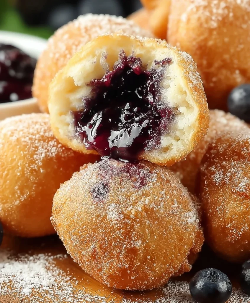 Golden blueberry pastry bites dusted with powdered sugar and filled with juicy blueberry jam.
