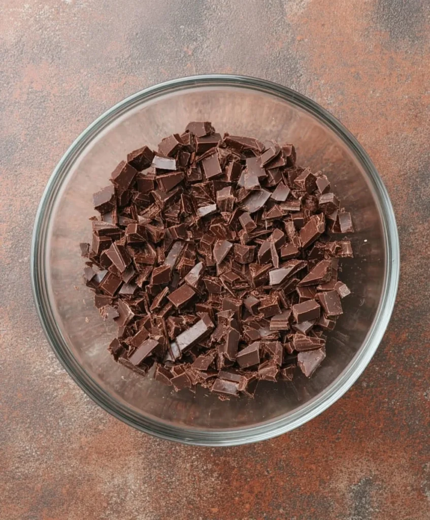 Bowl of chopped dark chocolate pieces used for making chocolate cream pie filling.