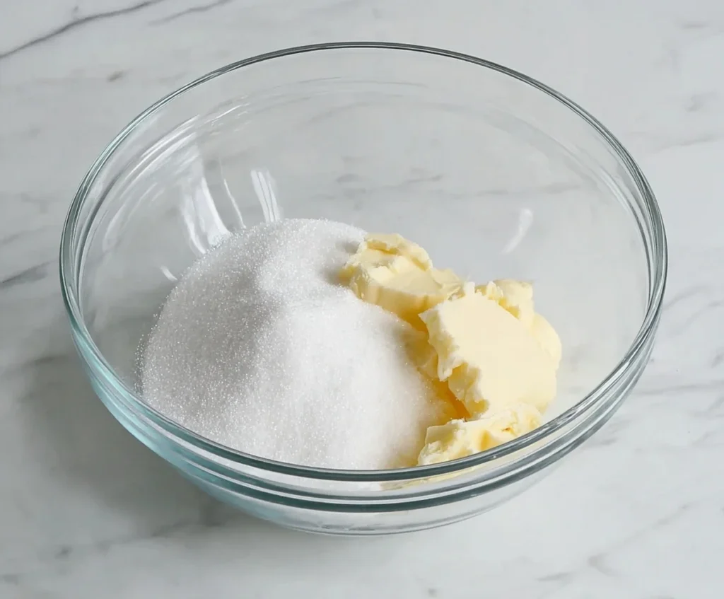 Butter and sugar in a glass bowl ready to be creamed for blueberry lemon pound cake batter.