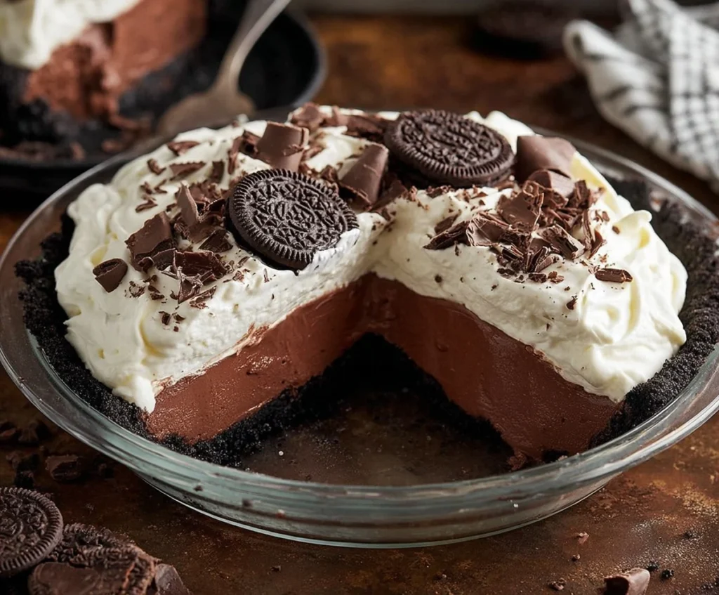 Chocolate cream pie with Oreo cookies and dark-chocolate shavings on whipped cream topping.