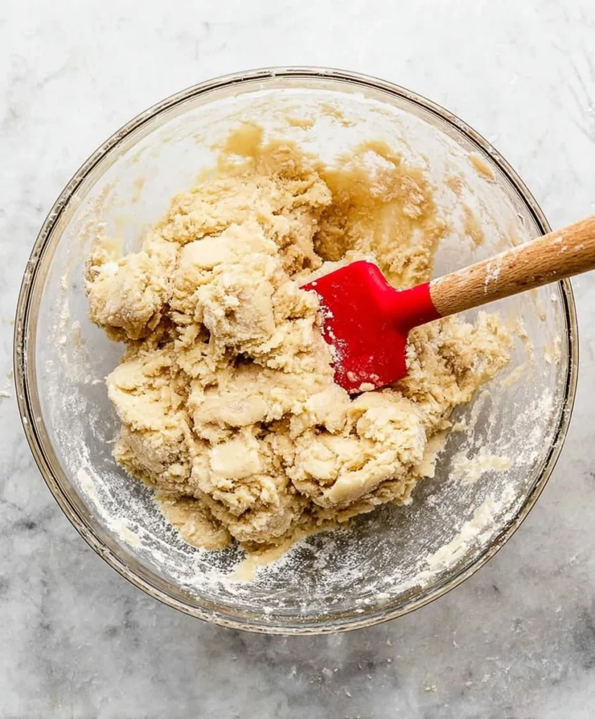 Cinnamon roll dough forming in a glass bowl with a red spatula during the mixing step.