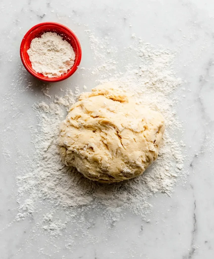 Cinnamon roll dough resting on a floured marble surface beside a small red bowl of flour.