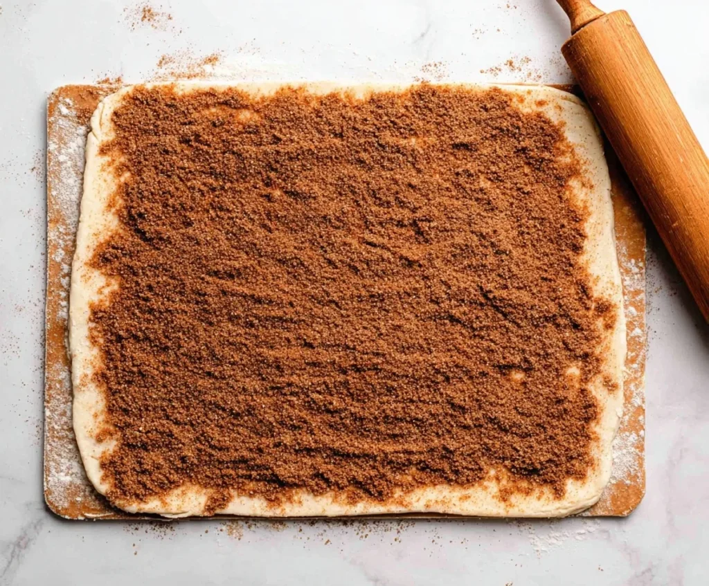 Rolled-out dough covered evenly with brown sugar and cinnamon filling beside a wooden rolling pin.