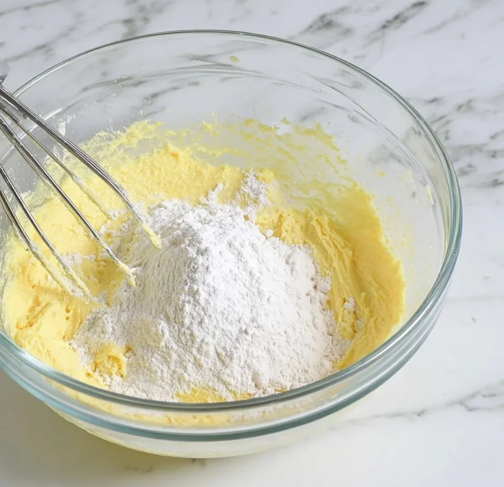 Flour being added to a creamy lemon batter in a glass bowl while mixing blueberry lemon pound cake ingredients.