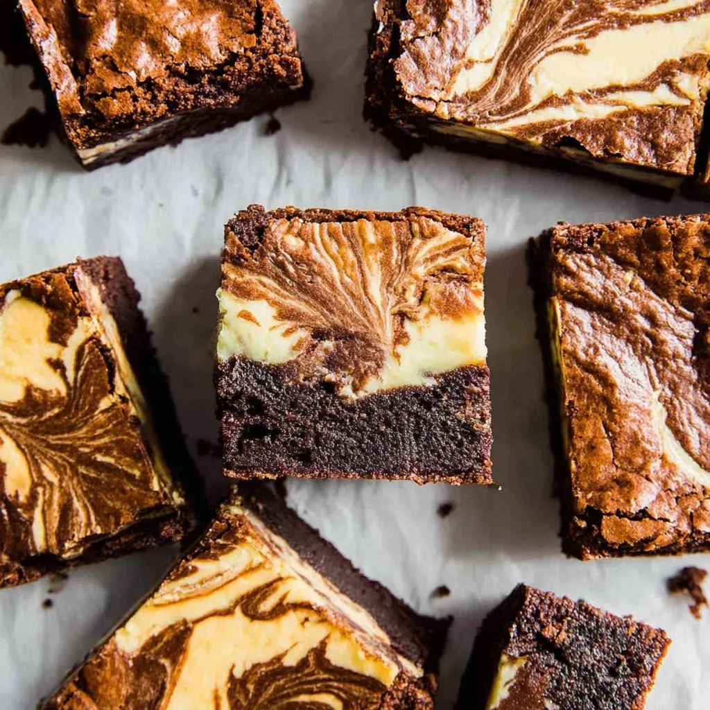Close-up of creamy, fudgy Cream Cheese Brownies with a marbled cheesecake swirl on top, cut into neat squares on parchment paper.