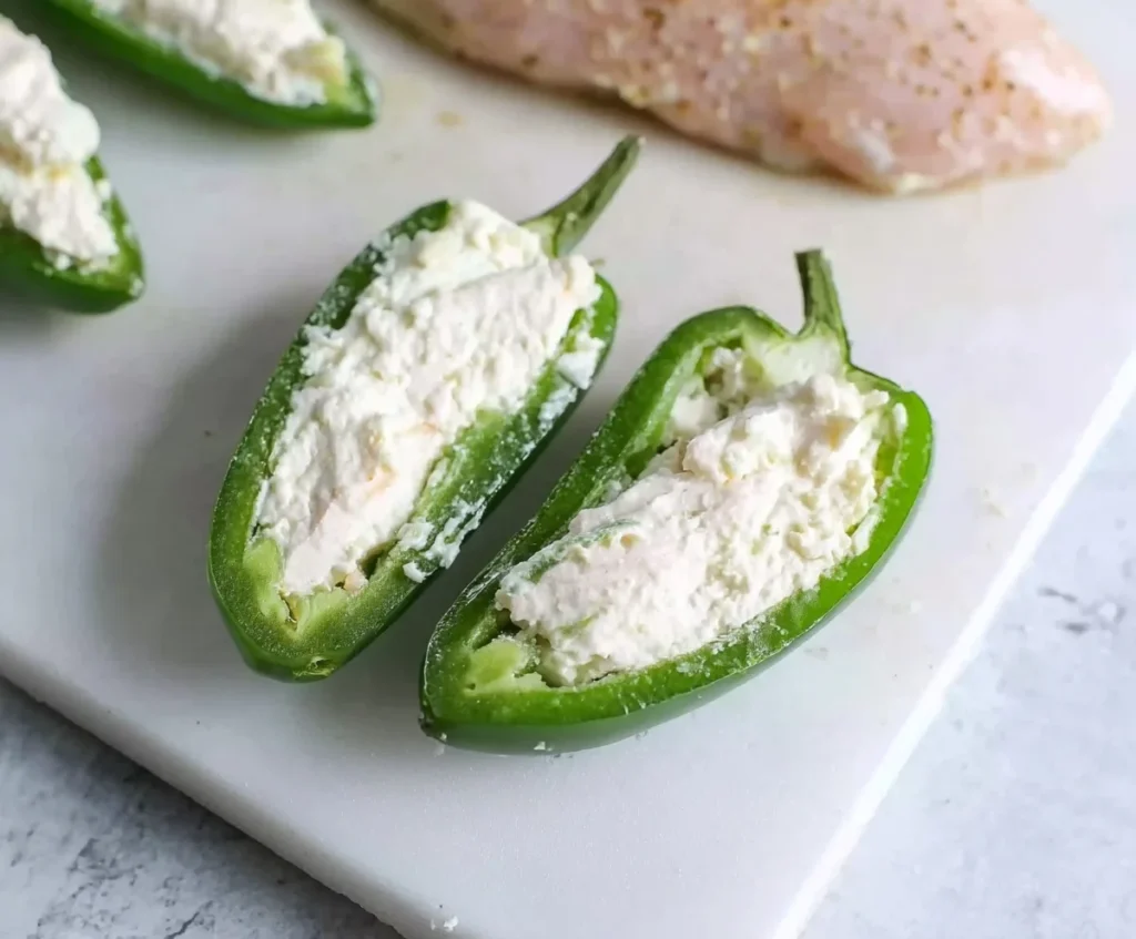 Fresh jalapeños halved and filled with cream cheese mixture on a cutting board with raw chicken in the background