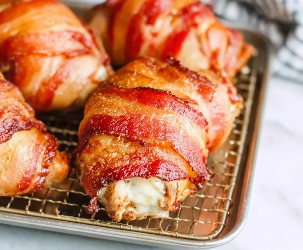 Golden brown bacon wrapped jalapeño popper chicken fresh out of the air fryer resting on a wire rack baking tray