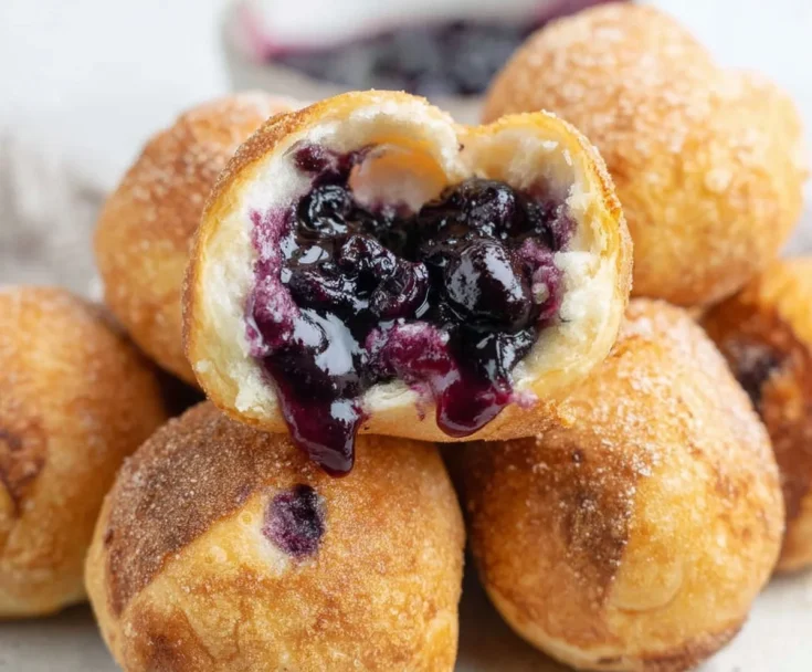 Stack of crispy golden dessert bites filled with warm blueberry filling and coated in sugar.