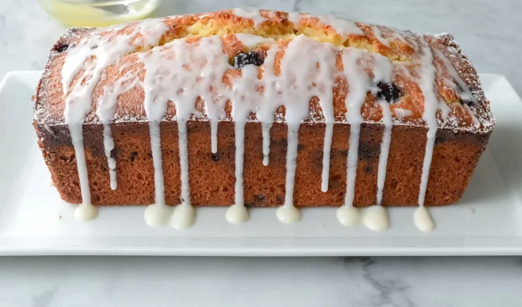 Blueberry lemon pound cake on a white plate being drizzled with fresh lemon glaze.