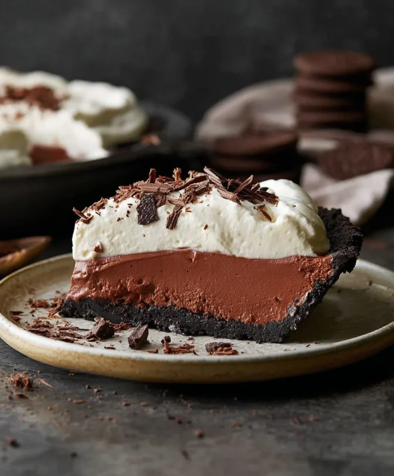 Easy chocolate cream pie slice on a ceramic plate topped with whipped cream and chocolate curls.