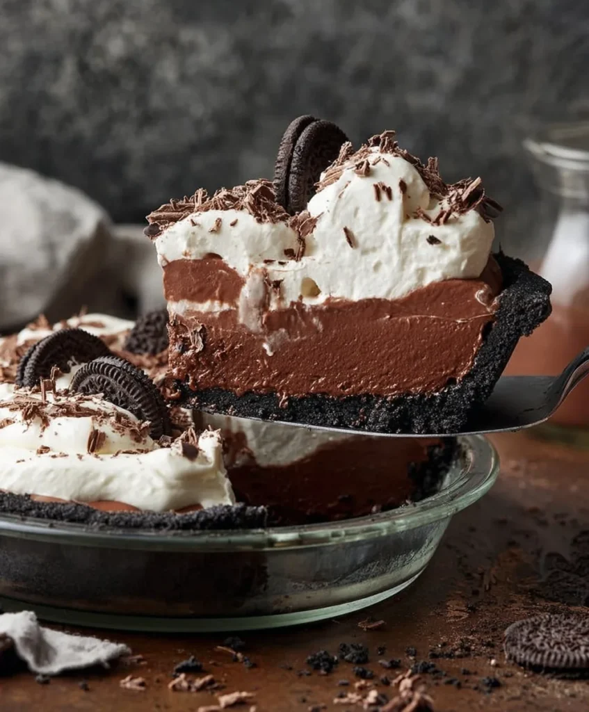 A lifted slice of easy Chocolate Cream Pie showing chocolate filling and cookie crust.