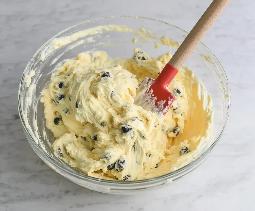Blueberry lemon pound cake batter in a glass bowl with blueberries folded in using a red spatula.