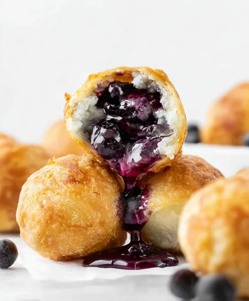 Golden fried dessert bites with gooey blueberry filling dripping onto parchment paper.