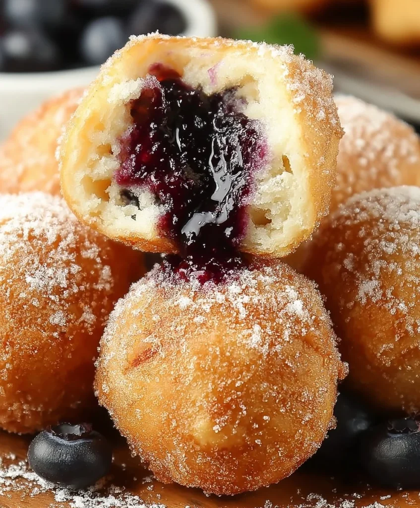 Close-up of golden fried blueberry dessert bites with a gooey blueberry filling and powdered sugar on top.