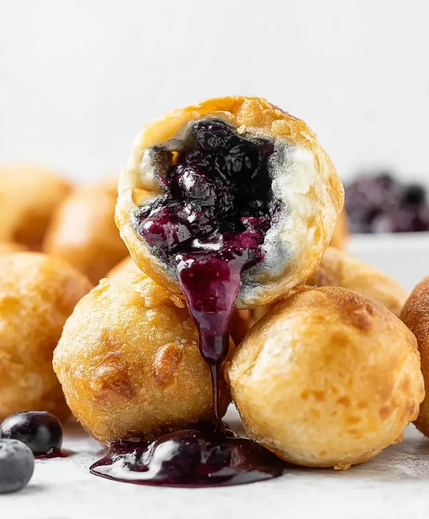 Close-up of a golden blueberry pastry bite oozing with warm blueberry filling.