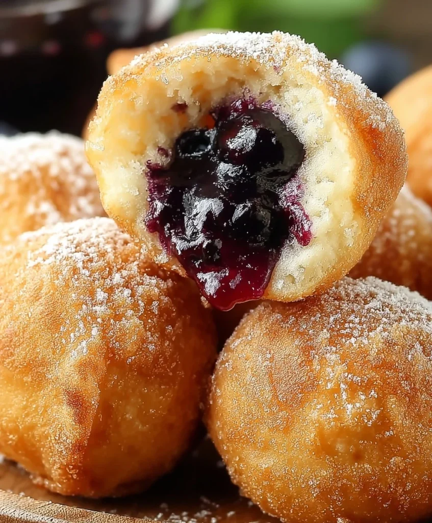 Close-up of golden fried blueberry pie bombs with warm, gooey blueberry filling dripping out.