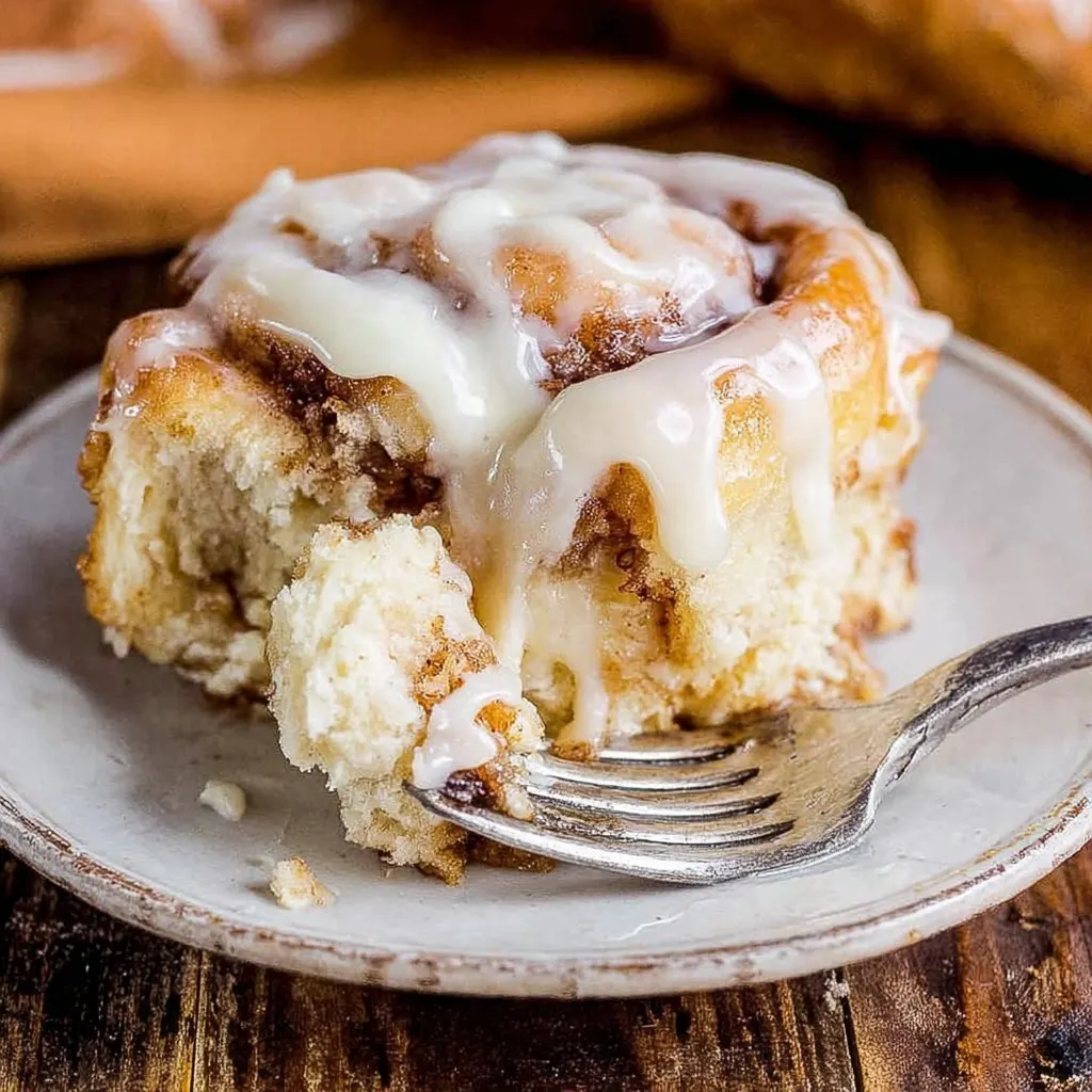 Close-up of a gooey homemade cinnamon roll topped with cream cheese frosting on a white plate.
