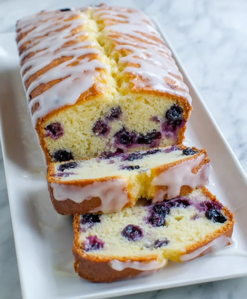 Homemade blueberry lemon pound cake topped with lemon glaze and sliced on a white serving plate.