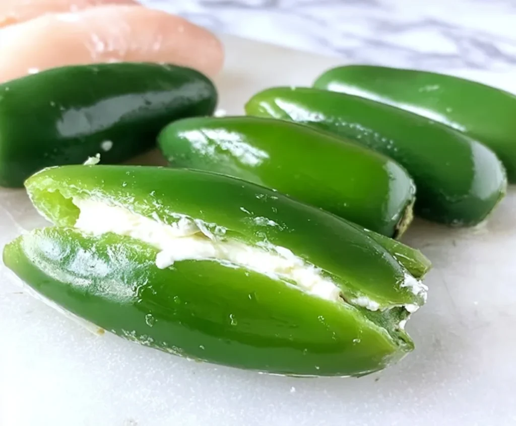 Whole jalapeños stuffed with cream cheese mixture on a cutting board with raw chicken in the background
