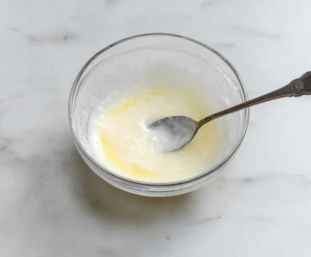 Smooth lemon glaze in a glass bowl with spoon, ready to drizzle over blueberry lemon pound cake.