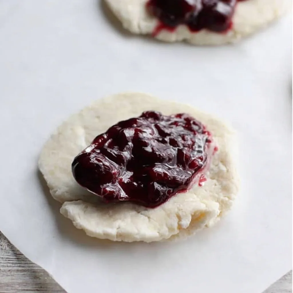 Biscuit dough topped with rich blueberry filling ready to be sealed for mini pies.