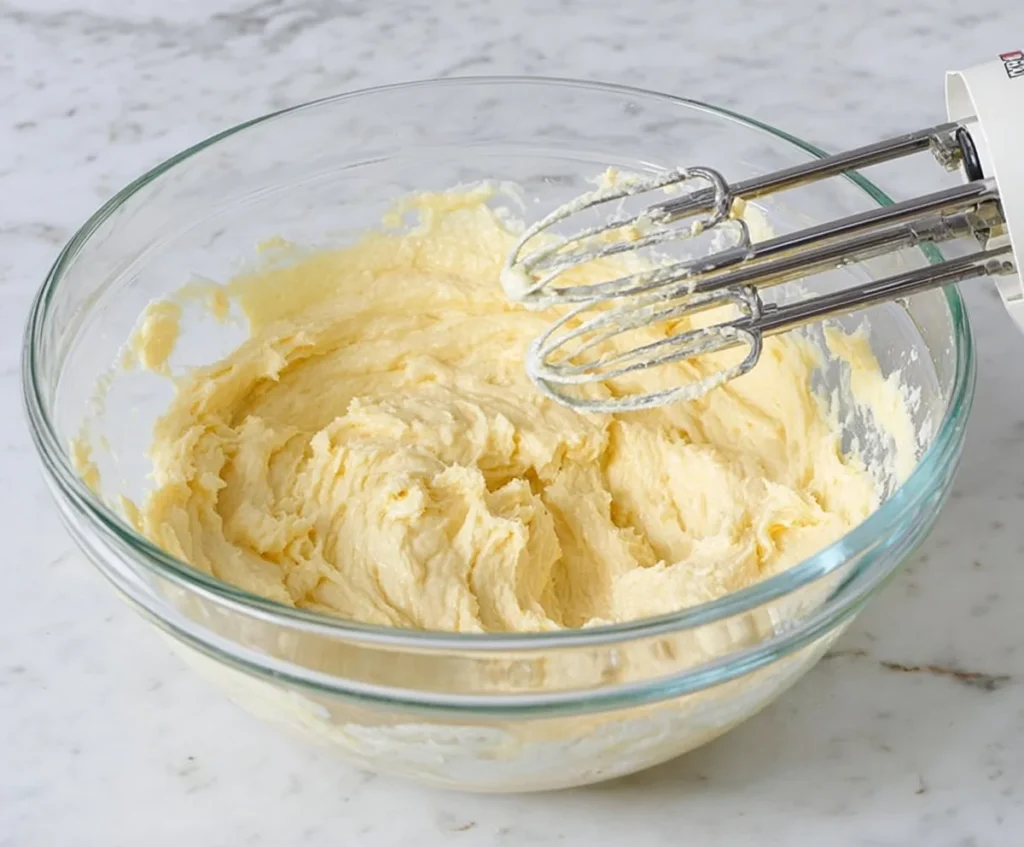 Creamed butter and sugar mixture in a glass bowl with electric beaters for blueberry lemon pound cake.