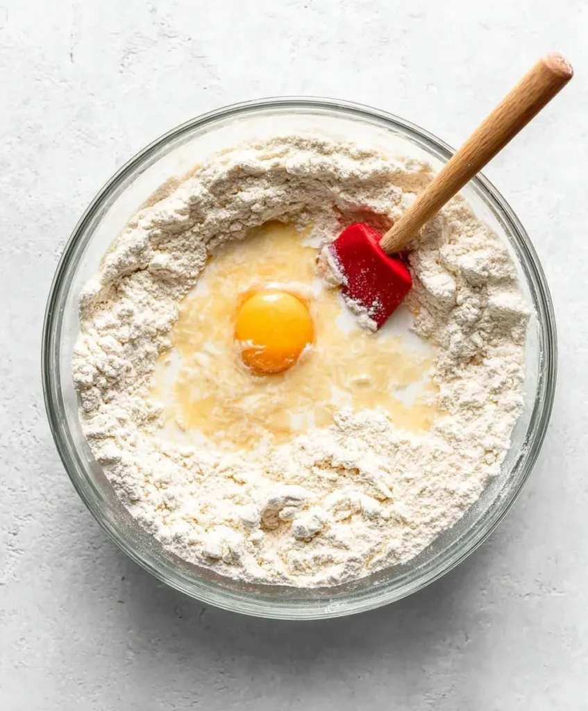 Mixing cinnamon roll dough in a glass bowl with flour, egg, milk, and a red spatula on a light surface.