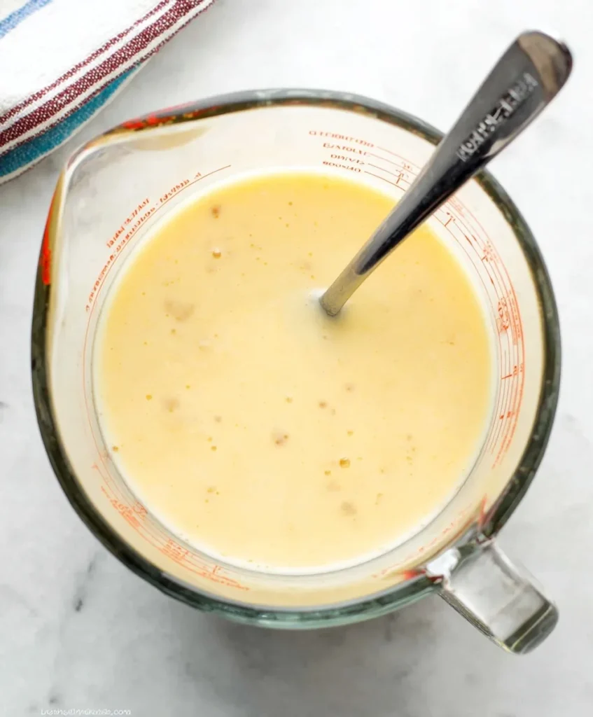 Mixing wet ingredients for cinnamon roll dough in a glass measuring cup with a spoon on a marble surface.