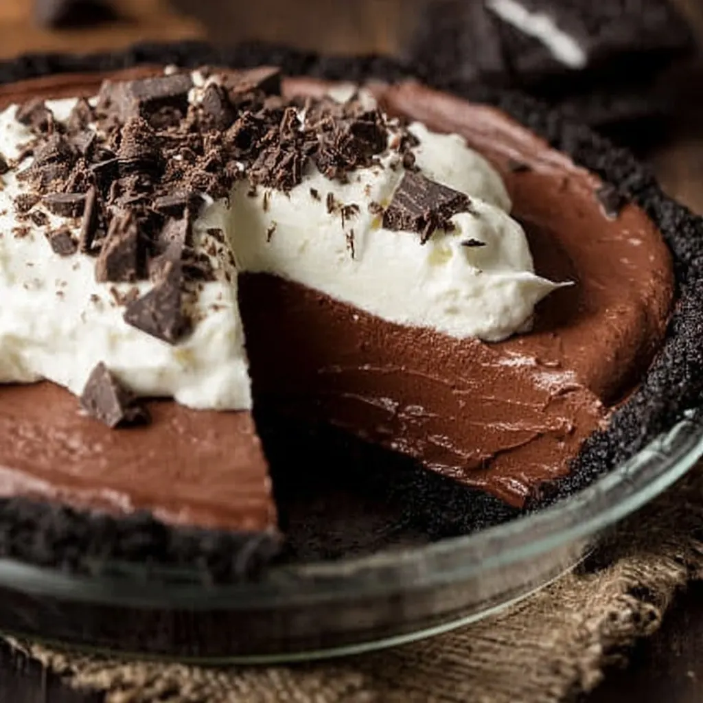 No-Bake Chocolate Cream Pie with a slice removed showing creamy layers of chocolate and whipped topping.
