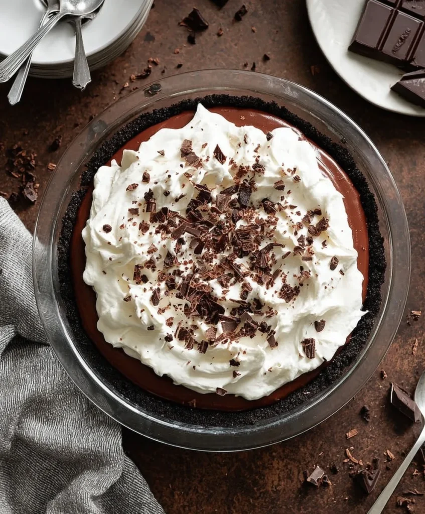 Overhead view of Chocolate Cream Pie topped with whipped cream and chocolate shavings.