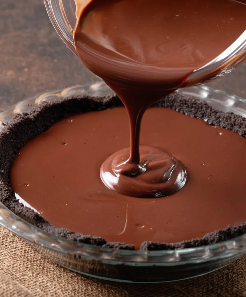 Pouring silky melted chocolate filling into an Oreo cookie crust for a chocolate cream pie.