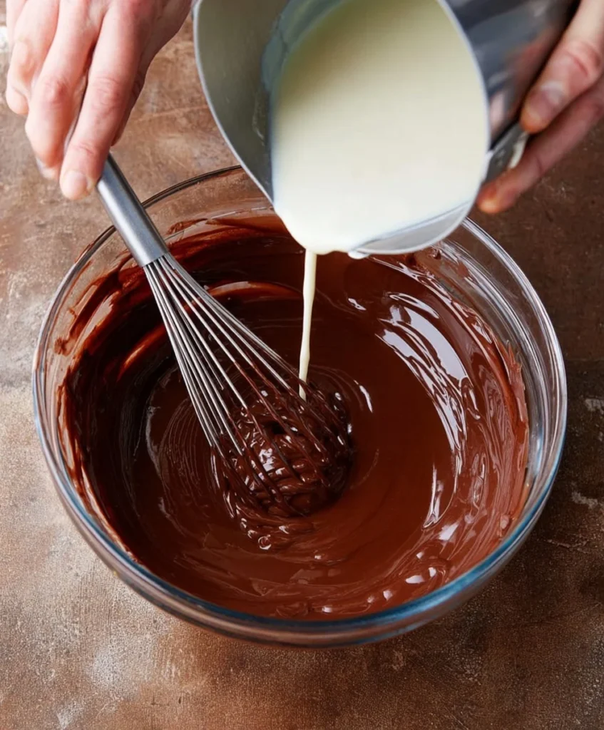 Pouring milk into melted chocolate in a bowl while whisking to make chocolate cream pie filling.