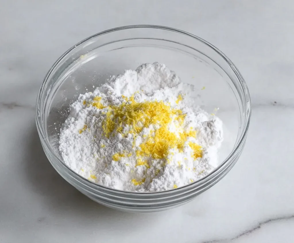 Powdered sugar and fresh lemon zest in a glass bowl to make glaze for blueberry lemon pound cake.